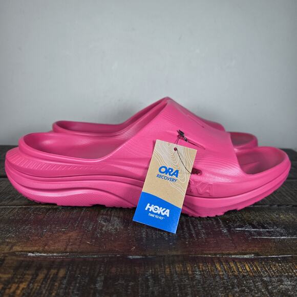 NEW HOKA One One Ora Recovery Slides 3 Mens Size 9 Comfy Sandals Pink Yarrow - Picture 1 of 11